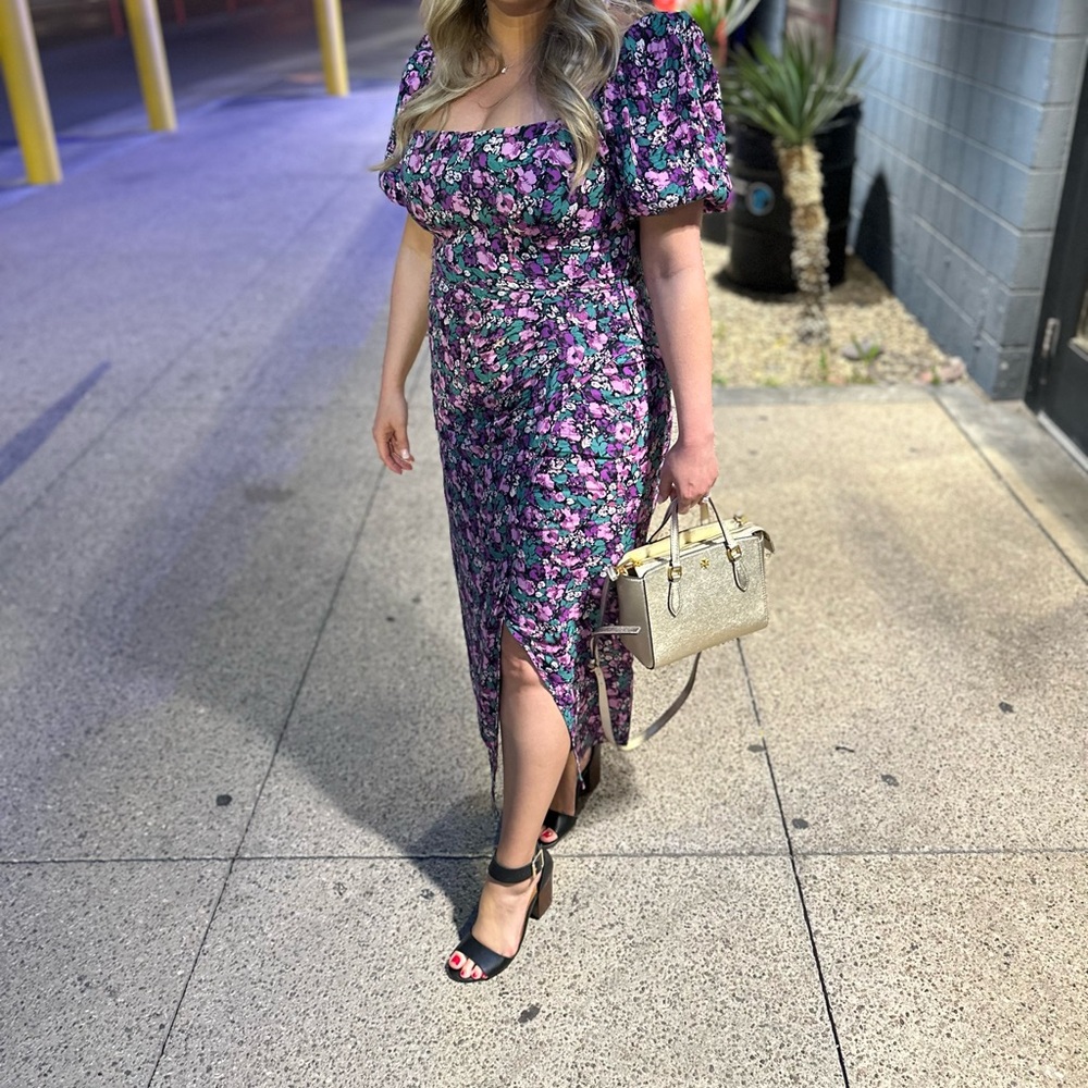 Astr Floral Puff-Sleeve Midi Dress - Pink & Blue